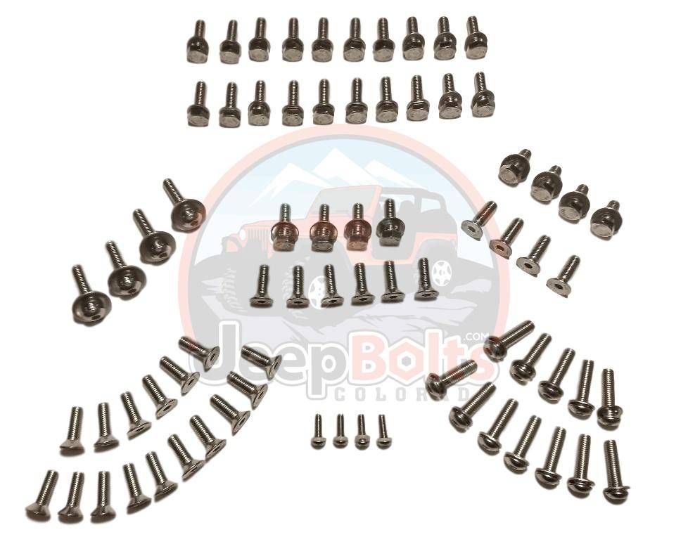 JK Wrangler Jeep Bolts - Jeep JK Hood Door Tailgate Windshield FULL Stainless Set 4-Door Wrangler Bolts 124 Piece Set